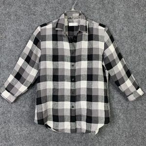 UniGlo Button Up 100% Linen Shirt B&W Women M Buffalo Check 3/4 Sleeve